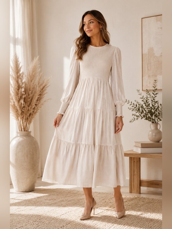 Zesica Dresses & Skirts - ZESICA Women’s Beige Smocked Tiered Midi Dress Long Sleeve Cottagecore XL NWT